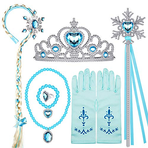 Tacobear Prinzessin Eiskönigin Elsa Kostüm Zubehör Set ELSA Perücke Zopf Prinzessin Krone Zauberstab Handschuhe Halskette Armband Prinzessin Frozen Elsa Schmuck für Kinder Mädchen Karneval Halloween