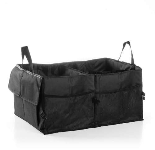 InnovaGoods - Faltbarer Kofferraum-Organizer, 55L Kapazität, 3 Hauptfächer, Mehrzweck mit Netzen und elastischen Bändern, Leicht und einfach zu bedienen, Polyester, Nylon, Polyäthylen, Schwarz