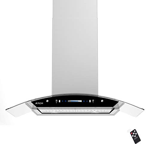 IKTCH Upgrated 30 inch Island Mount Range Hood, 900 CFM Ducted Range Hood with 4 Speed Fan, Stainless Steel& Tempered Glass with Gesture Sensing&Touch Control Making life Smarter IKIS01-30