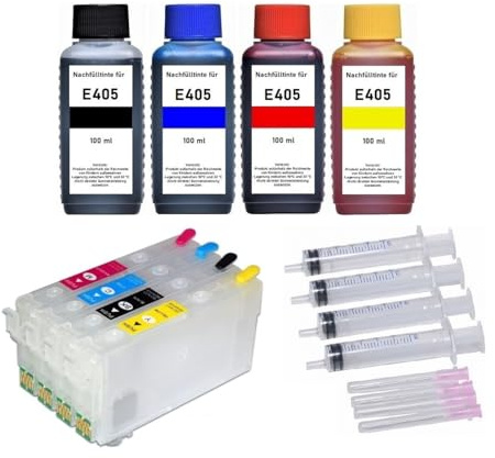 Nachfüllbare Tintenpatronen mit Auto Reset Chips 405 XL + 4 x 100 ml Tinte kompatibel mit Epson Workforce WF-7310, 7830, 7835, 7840, Pro WF-3820, 3825, 4820, 4825, 4830