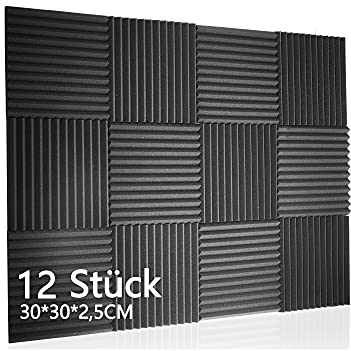 Devilly Lot de 12 tapis en mousse acoustique pour carrelage - Isolation acoustique - Pour mur, studio, podcasts, studio d'enregistrement, bureau, accus - 30 x 30 x 2,5 cm