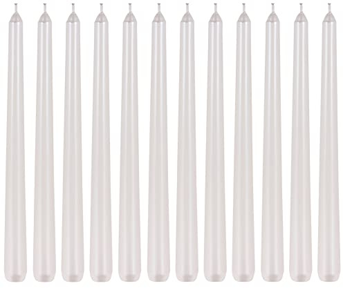Set Stabkerzen Dinnerkerzen Leuchterkerzen Tafelkerzen Spitzkerzen metallische Optik 7 Stunden Brenndauer (25cm - 12 Stück, Perlmutt-Weiß)