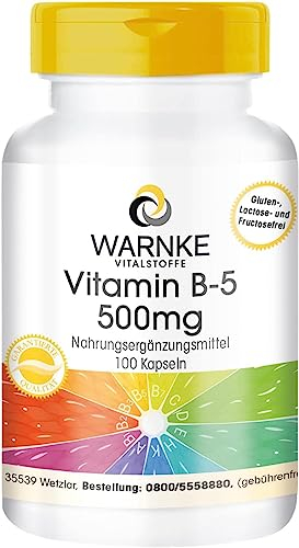 Vitamina B5 500 mg - 100 Cápsulas Ácido pantoténico, dosis alta, vegano | Warnke Vitalstoffe - Calidad de farmacia alemana