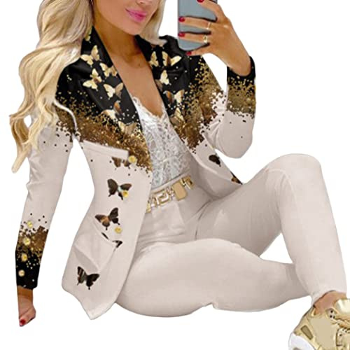 ORANDESIGNE Tailleur Femme 2 Pièces Elegant Slim Fit Blazer Veste Formel Bureau Travail Pantalon Costumes Revers Manteau Ensemble A Abricot L
