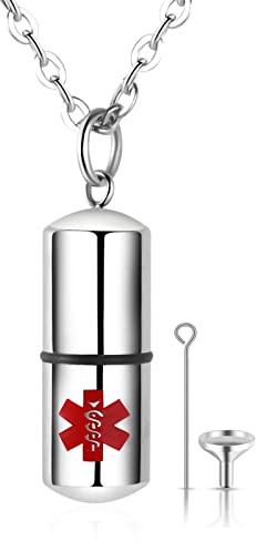 Flongo SOS Kapsel Notfall Anhänger Kette Halskette, Edelstahl Anhänger Kette Silber Rot Medical Alert ID SOS Notfall Notfall-Kapsel