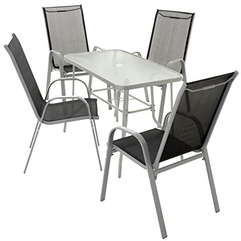 Nexos 5-teiliges Gartenmöbel-Set aus 4 Stapelstühlen & Esstisch – Textilene schwarz/Rahmen grau