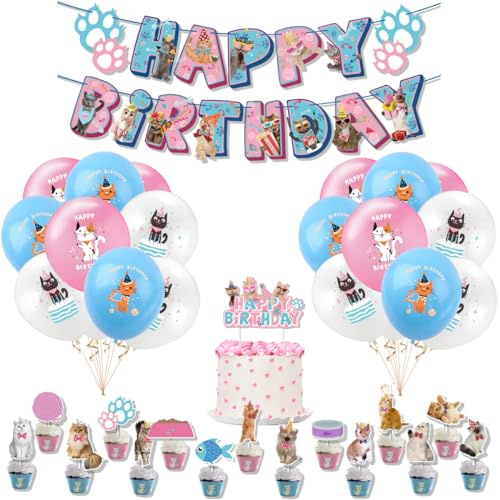 SUNSK Geburtstagsballons Katze Tier Luftballons Runde Latexballon Happy Birthday Girlande Katze Kuchen Topper Geburtstag Deko für Kinder 35 Stück