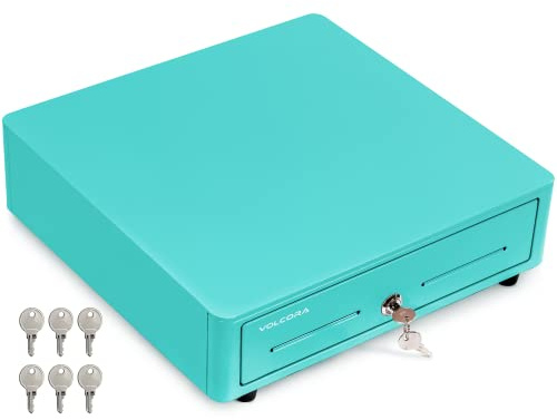 Volcora Cash Register Drawer for (POS) Point of Sale System with Round Corner 13, Removable Coin Tray, 4 Bill/5 Coin, 12-24V, RJ11/RJ12 Key-Lock, Media Slot,Cash Till, for Businesses, Light Blue
