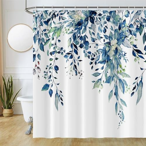 Uiiooazy Duschvorhang 180x220cm, Duschvorhang Anti Schimmel Blau Blätter Weiß Blumen Aquarell Pflanzen Duschvorhänge Stoff Waschbar Wasserdicht Polyester Bad Vorhang mit 12 Haken für Badezimmer