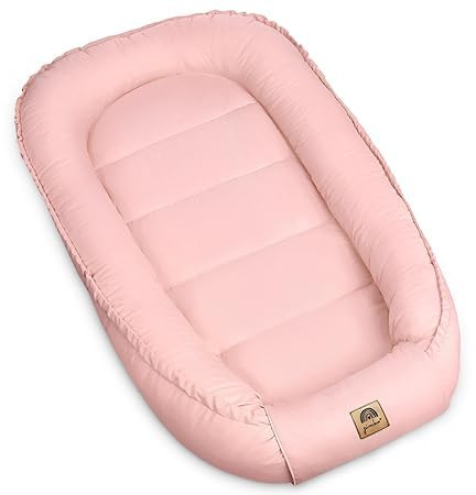PIMKO Babybo, babybo för spädbarn, gosigt bo på 2-sidig babykokong för spädbarn och nyfödda, babybo, 100 % bomull, bo lämplig för hem, 55 x 90 cm (rosa med flik)