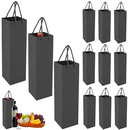 POPOYU 12 Stück Schwarz Weinflaschenbeutel aus Kraftpapier, Flaschentüten Geschenktüten für Wein mit Griff, Kraft Wein Organizer für Weihnachten, Hochzeit, Geburtstag Party Geschenktüten