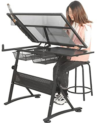 Zeichentisch mit Glasplatte, multifunktionaler, zusammenklappbarer Zeichentisch aus gehärtetem Glas, Zeichenbrett, Basteltisch, Schreibtisch, Studioschreibtisch mit 2 Schubladen und Bleistifthalter