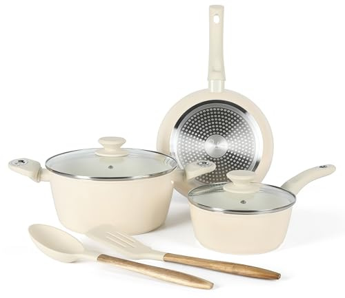 Gibson Home Plaza Café - Juego de ollas y sartenes de cerámica saludable de aluminio forjado sin PFA, juego de 7 piezas, blanco lino