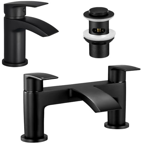 Peppermint Bath and Basin Mixer Taps Set with Pop up Slotted Basin Waste Matte Black Waterfall Bathroom Sink Tap & Bathtub Filler Tap Tub Faucet Cloakroom Mono Brass Deck Mount