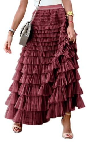 seiveini Falda Larga de Tul de Múltiples Capas Mujer Elegante Maxi Falda de Tul Ballet con Cintura Elástica Vintage Falda de Princesa A línea para Carnaval Fiesta Bodas Falda de Verano A Vino Tinto M