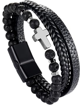 Dochais Herren Edelstahl Echtleder Armband, Jesus Christus Kruzifix Kreuz, Naturstein Geflochten Mit Magnet Verschluss, Schmuck Geschenke Für Männer (B, Schwarz, 23cm)