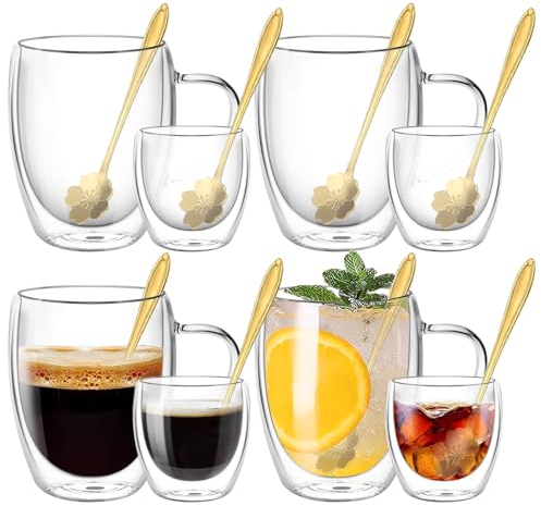 TBRFP Double Walled Glass Coffee Cups and Mugs,4x350ml & 4x80ml Heat Resistant Cappuccino Latte Macchiato Glasses Cups,Clear Borosilicate Glass Cup for Hot Drinks Tea Milk Juice Ice Cream