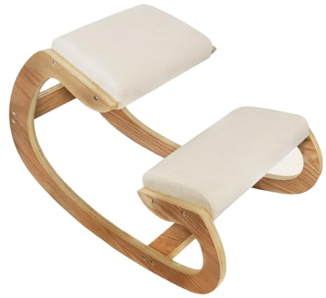 Ergonomischer Kniestuhl aus Eichenholz | Weiße 8cm dicke Leinenkissen | Für Zuhause & Büro | Gesundheitsstuhl für Haltungskorrektur | 120kg Tragfähigkeit | GRATIS Tastatur- und Maus-Handgelenkstützen