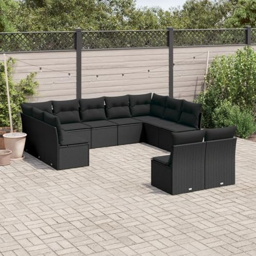 Gecheer 11-TLG.Garten-Sofagarnitur mit Kissen Gartenmöbel Garten Lounge Sitzgruppe Gartengarnitur Gartenlounge Rattenmöbel Loungesofa Möbelsets Gartenset Loungegruppe Sitzgarnitur Schwarz Polyrattan