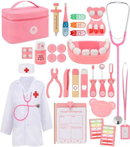 Arztkoffer Kinder,Arztkoffer Kinder ab 3 Jahre,Doktorkoffer Holz mit Echt Stethoskop,Arztkittel,Arzttasche,Spritze und Thermometer,Geschenk für Rollenspiele Spielzeug ab 3 Jahren.