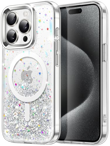 JETech Cover Glitter per iPhone 15 Pro Max 6,7 Pollici Compatibile con MagSafe, Trasparente Carino Bling Scintillante per Donne e Ragazze, Custodia Magnetica Antiurto Lucida (Trasparente)