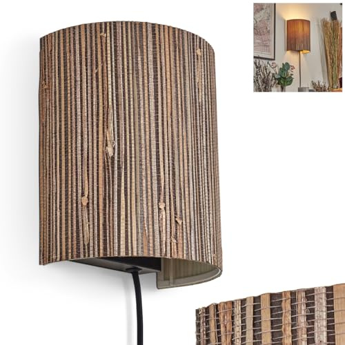 Wandleuchte Viadores, Wandlampe aus Metall/Seegras in Schwarz/Braun, Leuchte im Boho-Design, Wandleuchte mit Stecker und Schalter, abnehmbares Kabel, UP & Down Lichteffekt, 1 x E27, ohne Leuchtmittel