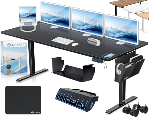 KESSER® höhenverstellbarer Schreibtisch elektrisch 180 x 80 cm, ergonomischer Steh-Sitz Tisch mit 3-Memory-Funktion, Stehtisch für Homeoffice, Inkl. Zubehör, USB-Ladeanschluss & 360° Rollen, Schwarz