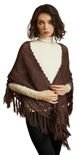BEAUTELICATE Chal de Ganchillo Mujer Bufanda Punto Triangular Larga Flecos Estolas para Otoño Invierno (Marrón Café)