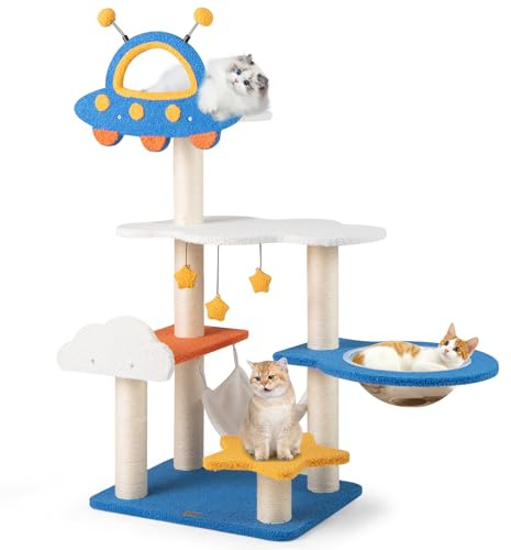 COSTWAY Cat Tree, 124cm Tall Cats Climbing Tower with Sisal Scratching Posts, Capsule Bed, Hammock, Dangling & Spring Toys, Multi-level Kitty Activity Center for Indoor Cats
