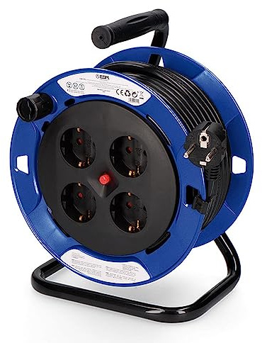 Enrollables profesionales 15m, 4 tomas T/TL, cable 3x1.5mm, con protector térmico, ideales para uso en talleres y eventos eléctricos.
