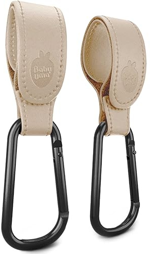 Baby Uma Kinderwagenhaken aus veganem Leder (2er-Pack) - Universelle Kinderwagen Haken für Taschen, Rutschfeste Klettverschlüsse, Stabile Karabinerhaken mit 5 kg Tragkraft (Beige)
