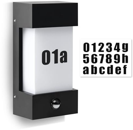 Kerry Außenlampe mit Bewegungsmelder, E27, IP44, Schwarz, Hausnummer | PIR-Sensor mit Zeit- und Tag-/Nachtmodus, E27-Fassung, Hausnummern-Aufkleber, schwarzes Aluminium, ohne Leuchtmittel