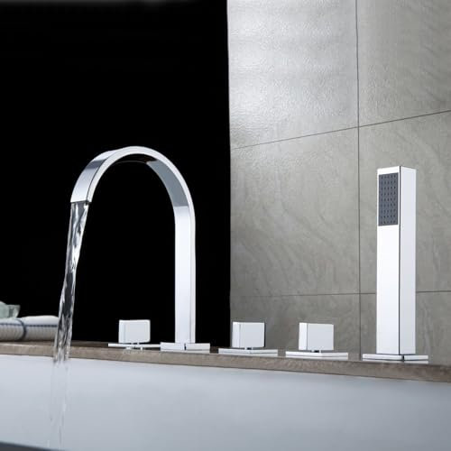Mitigeur Cascade Baignoire Chrom avec Douchette de Col de Cygne Robinet de Baignoire Sur Gorge Brass,Chromé