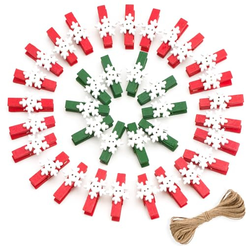 jijAcraft 3,5 cm Holzklammern Weihnachten, Schneeflocken Rot-Grün, 50 Stück | Mini-Fotoklammern mit 10 m Juteschnur für Adventskalender, Wäscheklammern für Geschenkverpackung, Weihnachtsdeko, Basteln