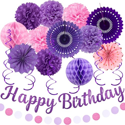 Recosis Geburtstagsdeko, 20 Stück Lila Rosa Geburtstag Party Deko, Happy Birthday Girlande Papier Wabenbälle Pompons Laterne Spiralen - Kindergeburtstag Deko, Geburtstagsdeko Frauen Mädchen