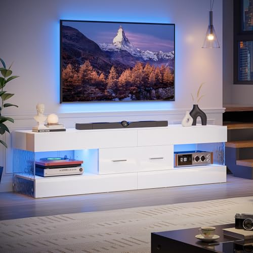 Bestier Mueble para TV para televisores de 65 Pulgadas,Soporte para TV Moderno de Alto Brillo,Centro de Entretenimiento con LED y cajón Grande,Consola para TV para Sala de Estar y Dormitorio(Blanco)