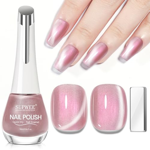 SUPWEE Pink Cat Eye Nail Polish Quick Dry, 16ml Magnetic Nail Polish | Shimmer Galaxy Effect with Magnet Air Fast Dry Nails Varnish Home Gift DIY Salon for Women Girls