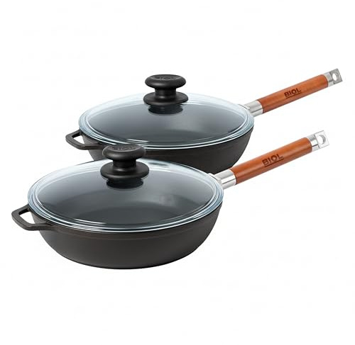 BIOL Juego de sartenes de hierro fundido de 26 cm + 28 cm con tapas de cristal, 2 piezas, con mangos de madera extraíbles, aptas para inducción, gas, vitrocerámica, parrilla y horno