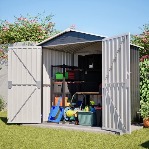FammyLoft Gartenhaus Metall, Garten Geräteschuppen Metall, 185x142x185cm, Gerätehaus mit Bodenfundament & Schloss, Gartenschrank Wasserdicht für Garten, Terrasse und Hof, Grau(Ohne Boden)