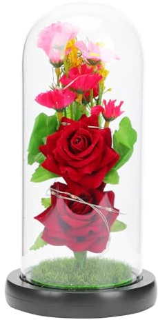 Veemoon Lampe LED de Nuit Décorative avec Rose Artificielle sous Cloche en Verre Noir, Ornement Floral Lumineux pour Décoration de Bureau et Présent Romantique Saint-Valentin, Éclairage