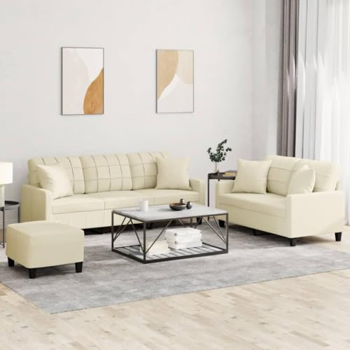 Yisssmeng 3-TLG. Sofagarnitur Creme Kunstleder 138x77x80 cm Zweisitzer Dreisitzer Hocker Modernes Design Robust & Bequem für Wohnzimmer Büro Flur
