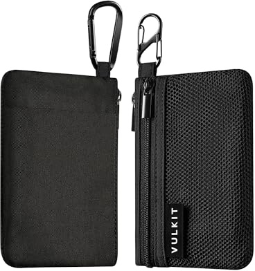VULKIT Custodia con cerniera, 1 confezione con moschettone e gancio a S, blocco RFID, tessuto Oxford impermeabile, portafoglio con zip per contanti e carte di credito da viaggio, nero, Minimalista