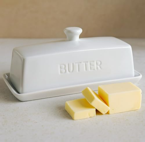 Butter Dish with Lid,WERTIOO Butter Dish With Lid for Countertop,7.6 x 3.3 Butter Tray,Butter Holder for 1 Stick.Textured Tray Butter Keeper for Non Slip Storage,Ceramic - White