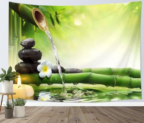 LB 150x130cm Wandteppich Zen Spa Wandtuch Weiße Orchidee und grüner Bambus Wandbehang Japanischer Garten Tapisserie für Wohnzimmer Schlafzimmer Wohnheim Wanddeko