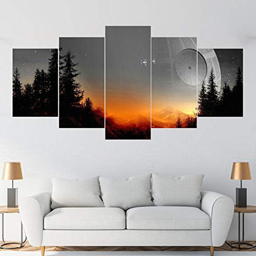 IKDBMUE 5-Teilig auf Leinwand, Star Wars Todesstern Sonnenuntergang Bilder fertig gerahmt mit Keilrahmen, Kunstdruck auf Wandbild mit Rahmen