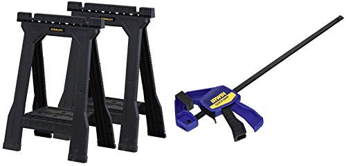 STANLEY Folding Junior Work Bench Saw Horse Twin Pack, with Tray for Tools and Small Parts, STST1-70355 with Irwin Q/G54122QC Quick-Grip Mini Clamp, 300mm, Pack of 2