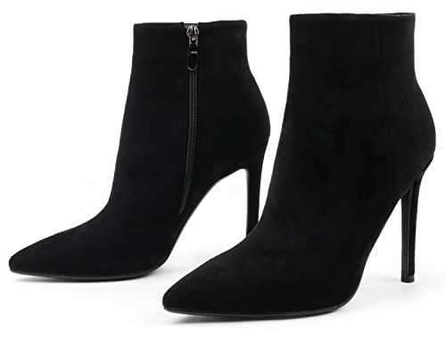 HECATER Ankle Boots for Women 4IN Stiletto High Heel Pointed Toe Boots with Zipper Black Suede US 9
