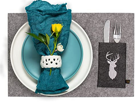 Set di 6 tovagliette in feltro con motivo cervo, 45 x 30 cm, lavabile, con elegante tasca per posate ricamata, per interni ed esterni