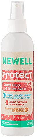 NEWELL | SPRAY ANTIPIOJOS PROTECT Árbol de Té Orgánico | Ideal Para Niños | Ingredientes de Origen Vegetal | Aroma a Fresa | No Daña ni Engrasa el Cabello | Botella 250 ml 100% Reciclada y Reciclable