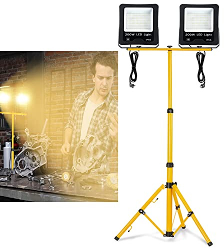 YRHome LED Fluter Baustrahler Flutlicht 2x 200W Warmweiß Wasserdicht IP66 Arbeitsscheinwerfer Scheinwerfer mit Stativ und 3M Kabel Außenbereich Garten Garage